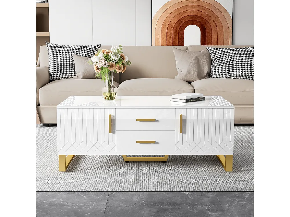 Hoogglans salontafel met 2 lades, 2 deuren en nis - 107 x 55 x 40,5 cm - Spaanplaat en goud metaal - Wit Merax