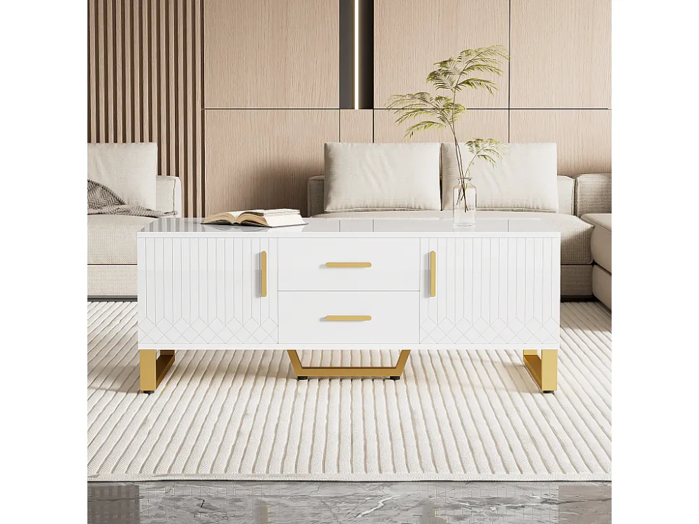Hoogglans salontafel met 2 lades, 2 deuren en nis - 107 x 55 x 40,5 cm - Spaanplaat en goud metaal - Wit Merax