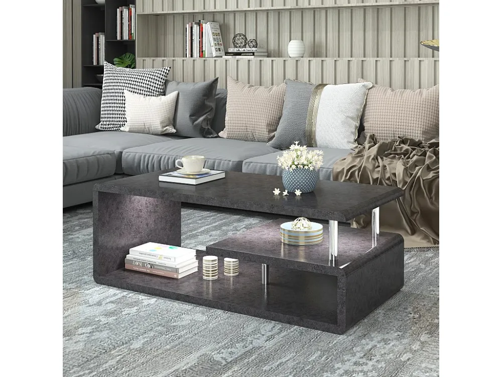 MDF salontafel - 2 planken - LED's - cementgrijs fineer Merax