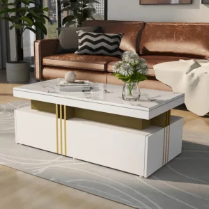 Moderne rechthoekige salontafel met glanzend blad en 2 houten lades, gemarmerd blad, voor woonkamer, 100x50x40 cm, wit Merax