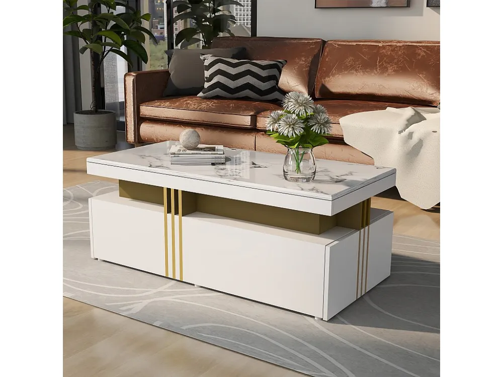 Moderne rechthoekige salontafel met glanzend blad en 2 houten lades, gemarmerd blad, voor woonkamer, 100x50x40 cm, wit Merax