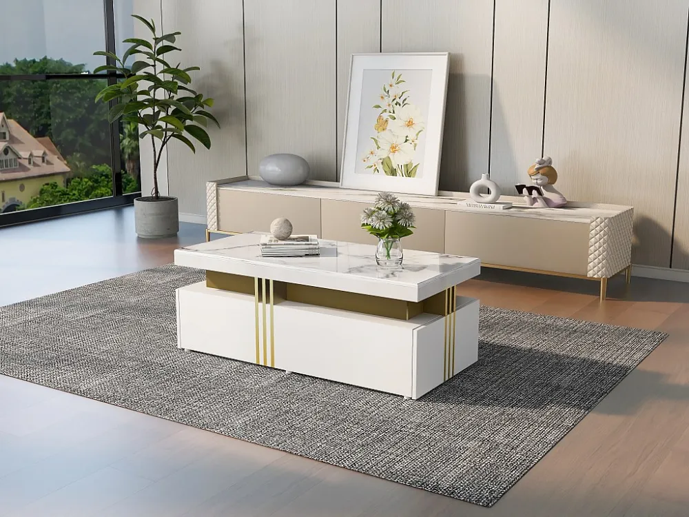 Moderne rechthoekige salontafel met glanzend blad en 2 houten lades, gemarmerd blad, voor woonkamer, 100x50x40 cm, wit Merax