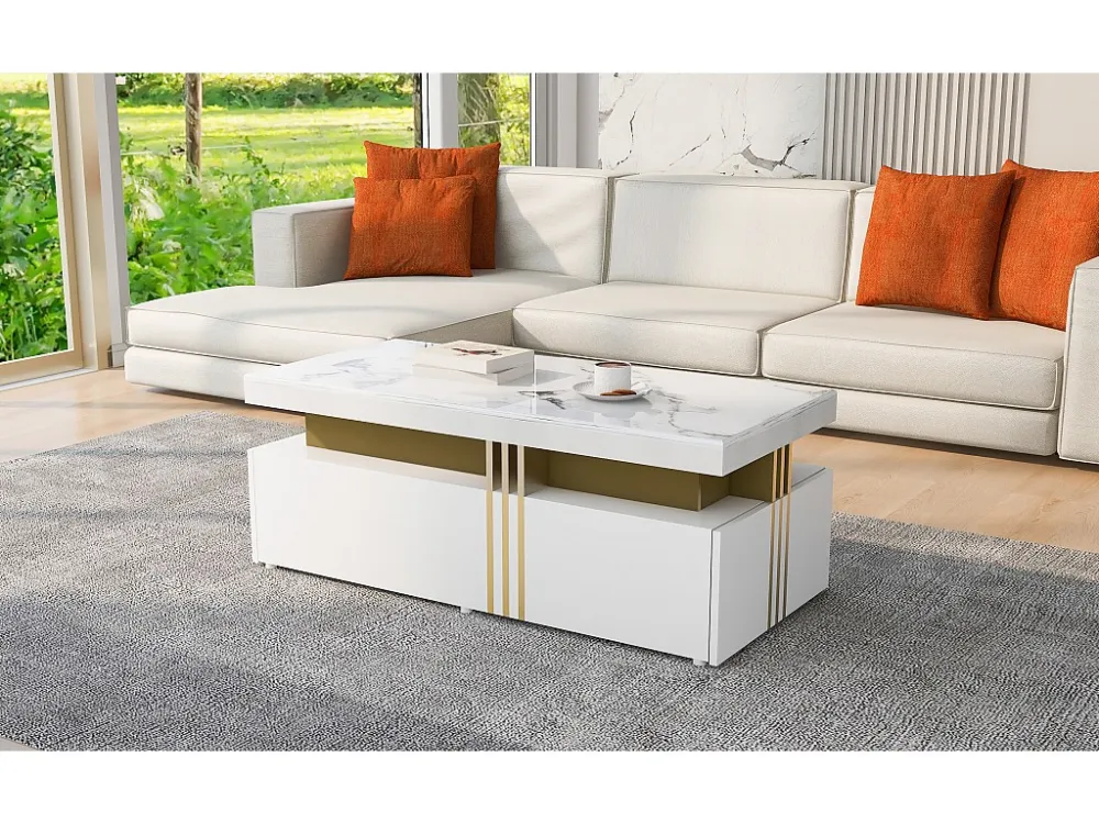 Moderne rechthoekige salontafel met glanzend blad en 2 houten lades, gemarmerd blad, voor woonkamer, 100x50x40 cm, wit Merax