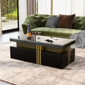 Moderne rechthoekige salontafel met glanzend blad en 2 houten lades, gemarmerd blad, voor woonkamer, 100x50x40 cm, zwart M...