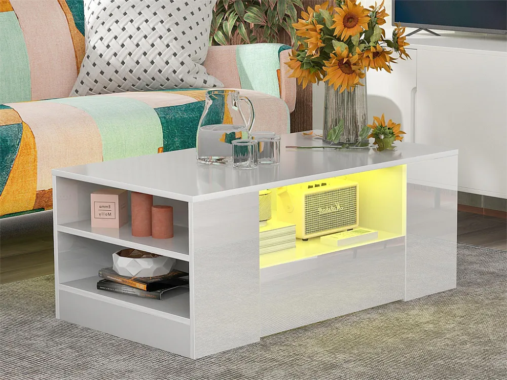 Moderne salontafel - 2 lades en 2 planken - spaanplaten - LED's - wit Merax