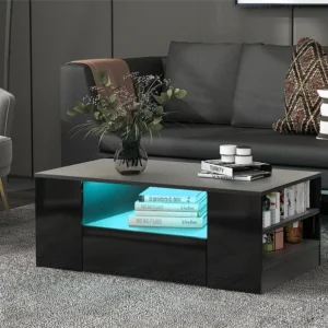 Moderne salontafel - 2 lades en 2 planken - spaanplaten - LED's - zwart Merax