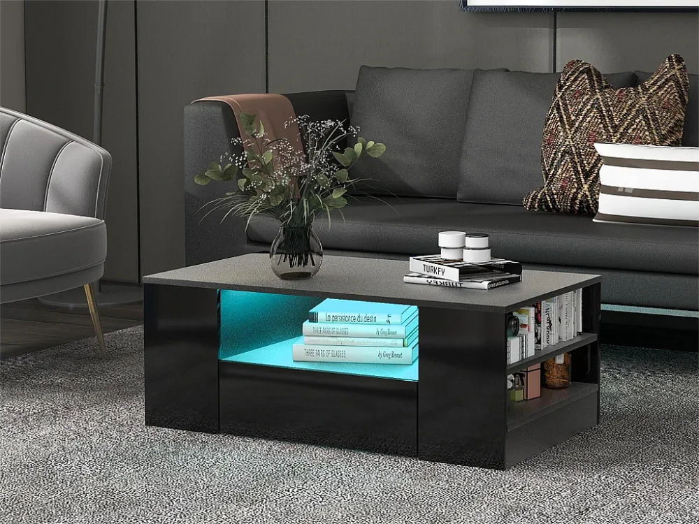 Moderne salontafel - 2 lades en 2 planken - spaanplaten - LED's - zwart Merax