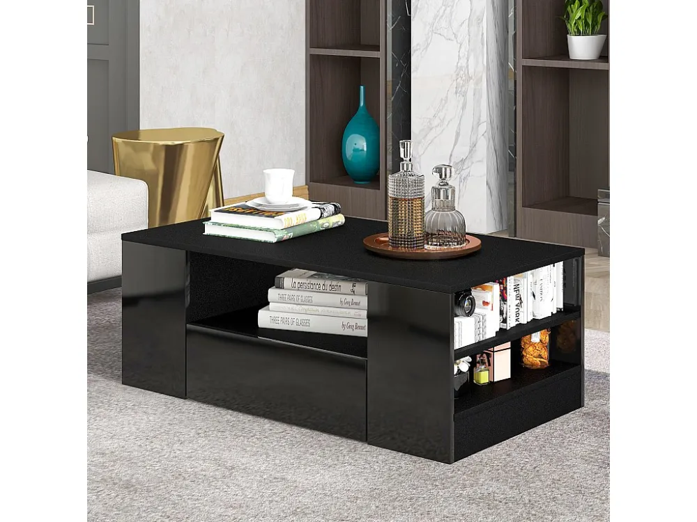 Moderne salontafel - 2 lades en 2 planken - spaanplaten - LED's - zwart Merax
