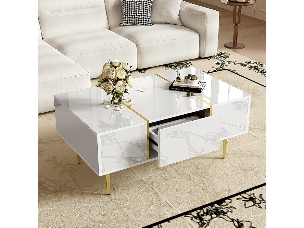 Moderne salontafel met 2 laden - 100 L x 60 B x 41,5 H cm - MDF hout - Glanzend wit Merax