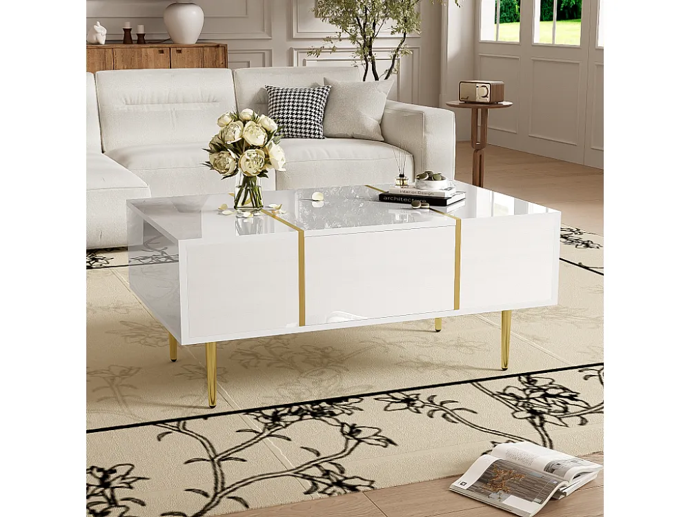 Moderne salontafel met 2 laden - 100 L x 60 B x 41,5 H cm - MDF hout - Glanzend wit Merax