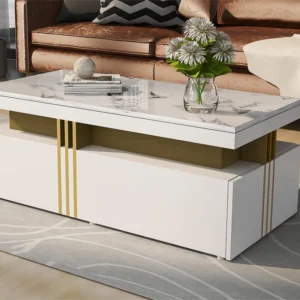 Moderne salontafel met 2 lades, blad met marmerpatroon, woonkamertafel, wit, 100x50x40cm Merax
