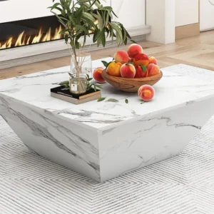 Moderne trommelsalontafel, woonkamertafel wit gemarmerd fineer, 2 laden, MDF hout, 70 x 70 x 37cm Merax