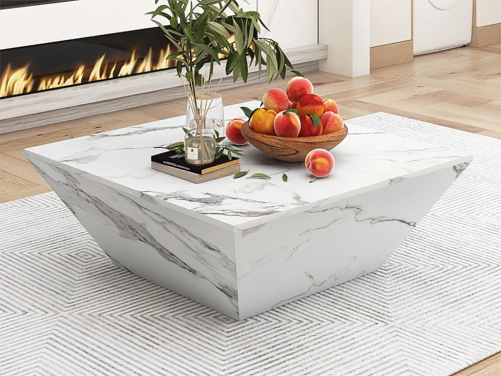 Moderne trommelsalontafel, woonkamertafel wit gemarmerd fineer, 2 laden, MDF hout, 70 x 70 x 37cm Merax