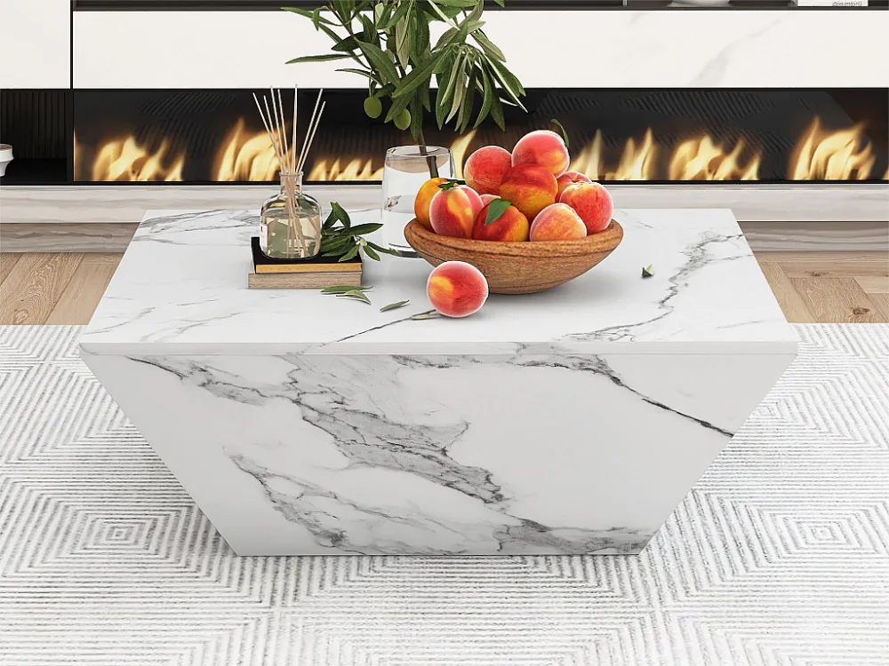 Moderne trommelsalontafel, woonkamertafel wit gemarmerd fineer, 2 laden, MDF hout, 70 x 70 x 37cm Merax
