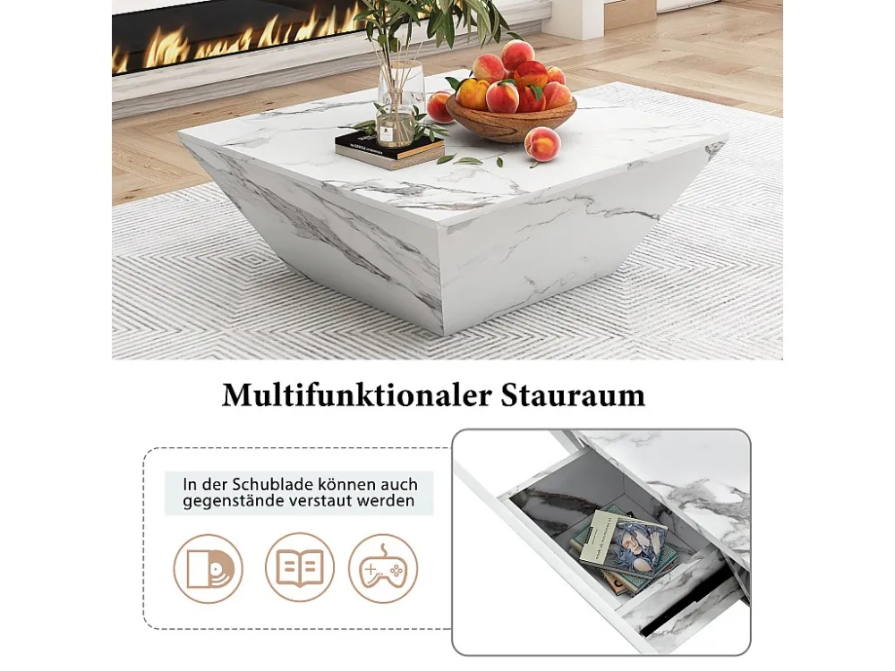 Moderne trommelsalontafel, woonkamertafel wit gemarmerd fineer, 2 laden, MDF hout, 70 x 70 x 37cm Merax