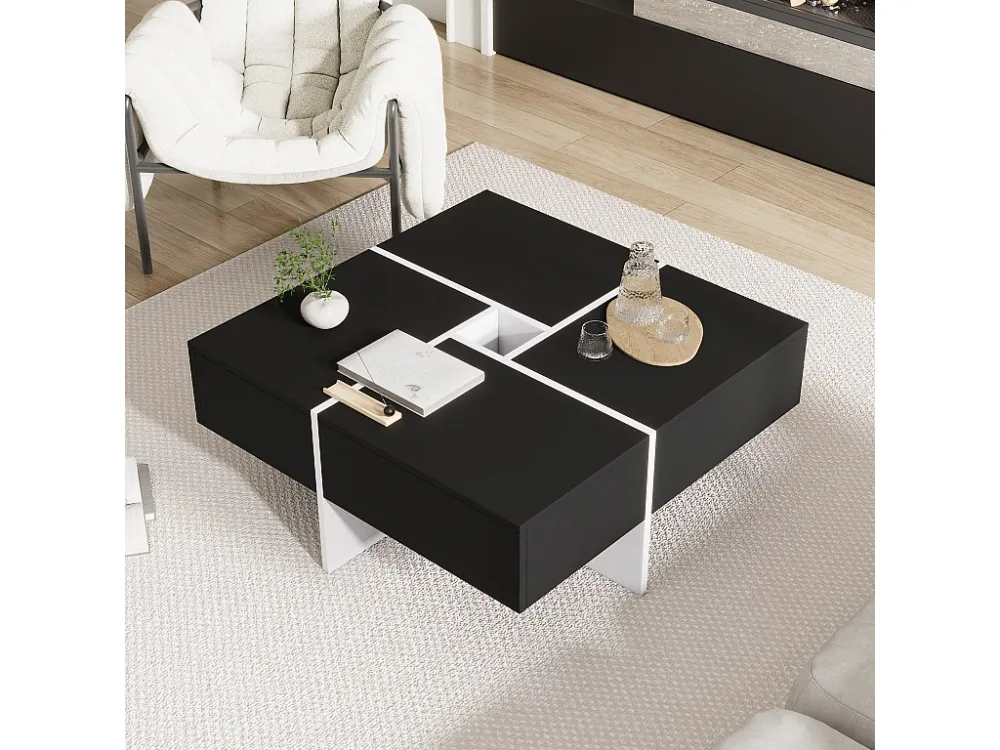 Moderne vierkante salontafel 70 x 70 x 35 cm - met centraal opbergvak 10 x 10 cm - spaanplaat - zwart Merax
