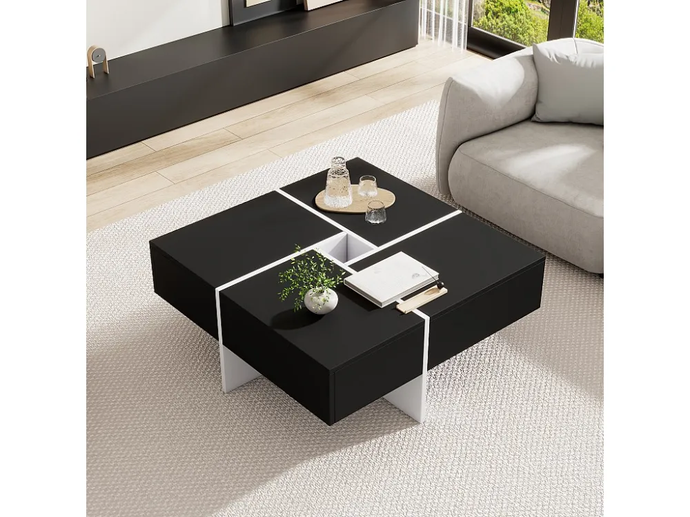 Moderne vierkante salontafel 70 x 70 x 35 cm - met centraal opbergvak 10 x 10 cm - spaanplaat - zwart Merax