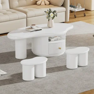 Onregelmatige salontafel met 2 krukken, 1 lade en open vak - 110 x 60 x 37,5 cm - MDF blad - Wit Merax