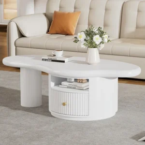 Onregelmatige salontafel met 1 lade en open vak - 110 x 60 x 37,5 cm - MDF blad - Wit Merax