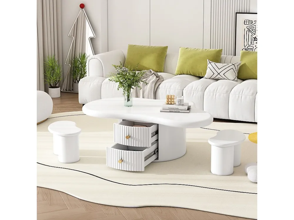 Onregelmatige salontafel met 2 lades en 2 krukjes - 97 x 67 x 32 cm - MDF blad - Wit Merax