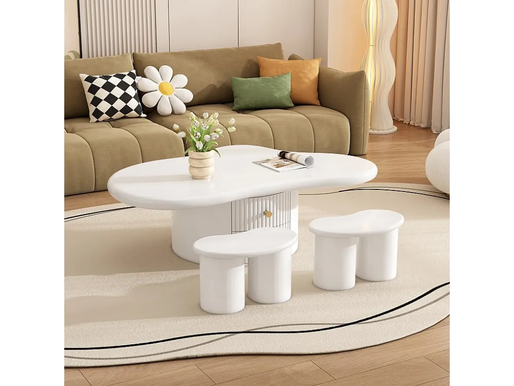 Onregelmatige salontafel met 2 lades en 2 krukjes - 97 x 67 x 32 cm - MDF blad - Wit Merax