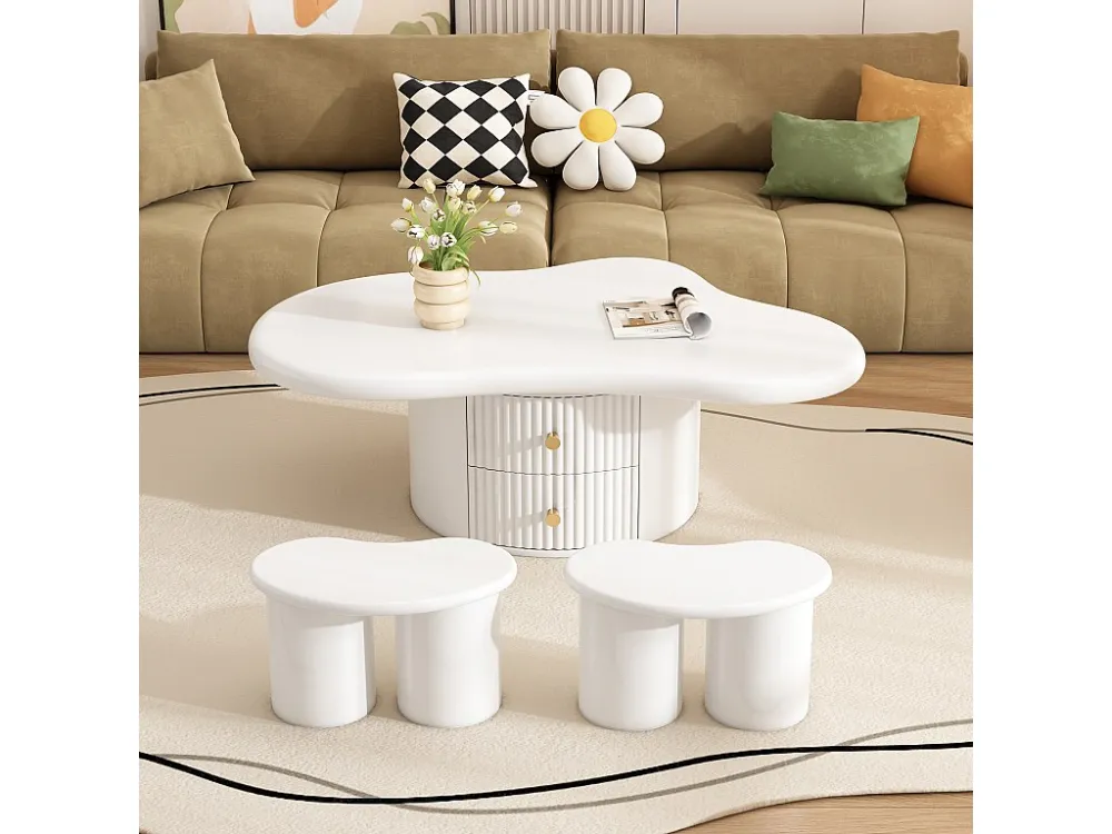 Onregelmatige salontafel met 2 lades en 2 krukjes - 97 x 67 x 32 cm - MDF blad - Wit Merax