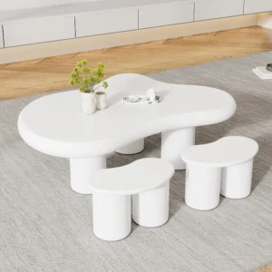Onregelmatige wolkvormige salontafel met 2 krukken - 97 x 67 x 32 cm - MDF blad - Wit Merax