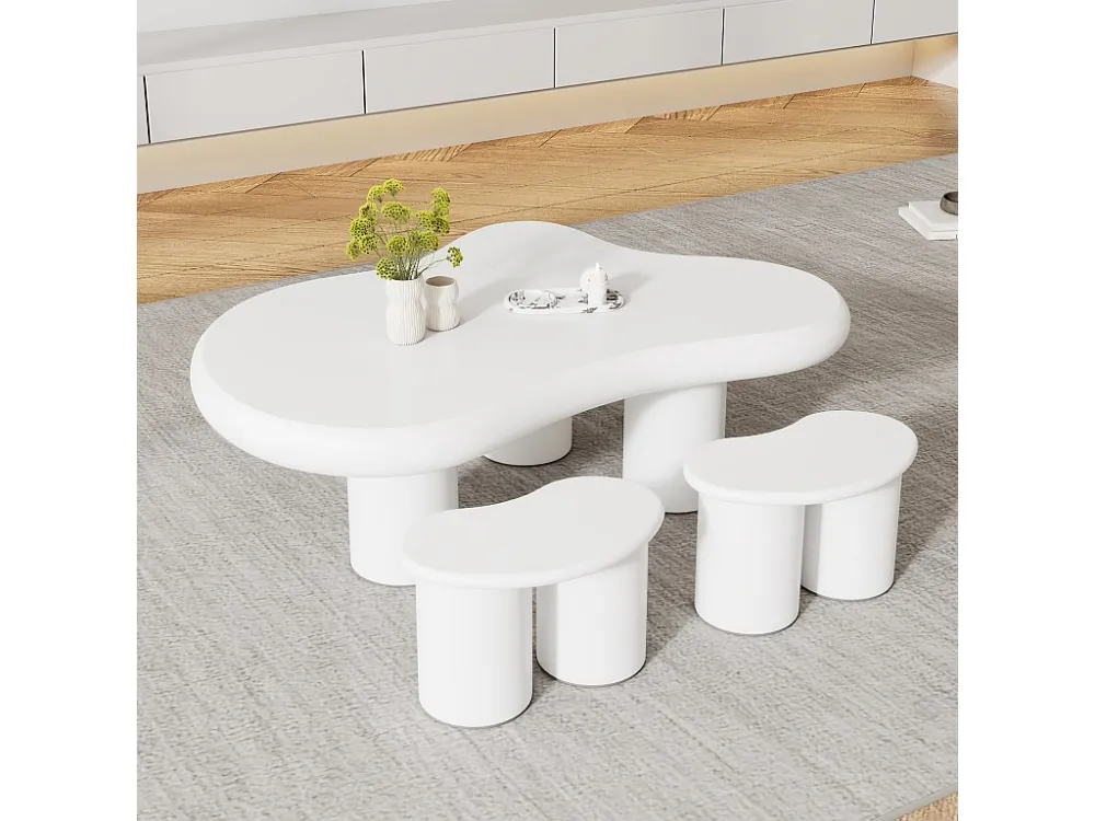 Onregelmatige wolkvormige salontafel met 2 krukken - 97 x 67 x 32 cm - MDF blad - Wit Merax