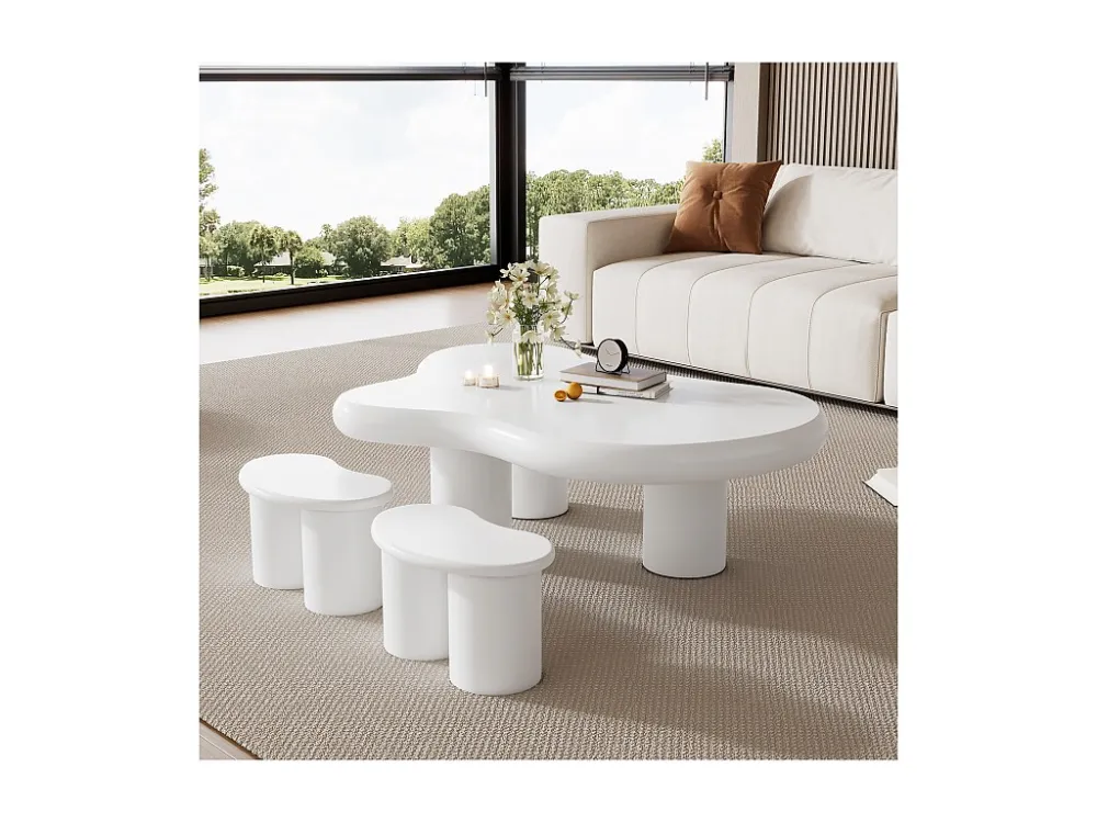 Onregelmatige wolkvormige salontafel met 2 krukken - 97 x 67 x 32 cm - MDF blad - Wit Merax