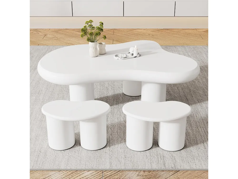 Onregelmatige wolkvormige salontafel met 2 krukken - 97 x 67 x 32 cm - MDF blad - Wit Merax