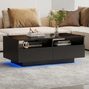 Rechthoekige salontafel met 2 laden en 2 vakken - 70 x 70 x 35cm - LEDs - spaanplaat - glanzend zwart Merax