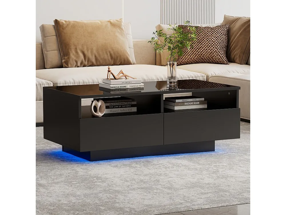 Rechthoekige salontafel met 2 laden en 2 vakken - 70 x 70 x 35cm - LEDs - spaanplaat - glanzend zwart Merax