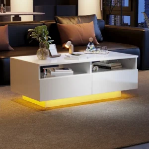 Rechthoekige salontafel met 2 laden en 2 vakken - 70 x 70 x 35cm - LEDs - spaanplaat - glanzend wit Merax