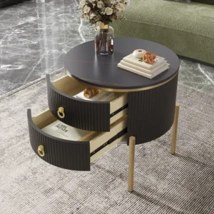 Ronde salontafel met 2 lades - 50x50x51cm - MDF hout - gouden poten en handgrepen - zwart Merax