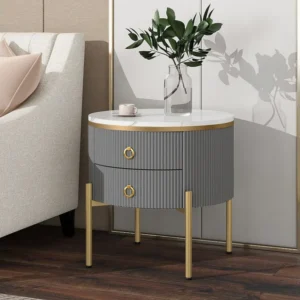 Ronde salontafel met 2 lades - 50x50x51cm - MDF hout - gouden poten en handgrepen - grijs + wit Merax