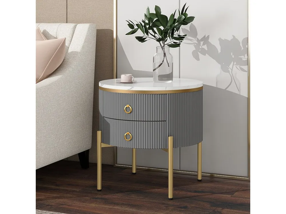 Ronde salontafel met 2 lades - 50x50x51cm - MDF hout - gouden poten en handgrepen - grijs + wit Merax