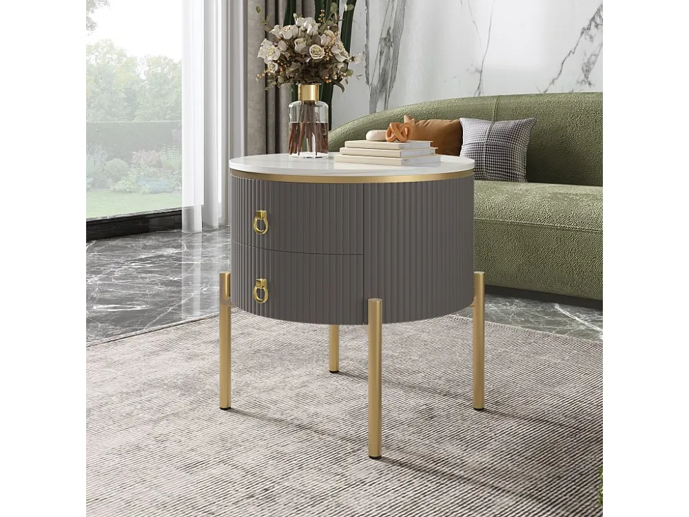Ronde salontafel met 2 lades - 50x50x51cm - MDF hout - gouden poten en handgrepen - grijs + wit Merax