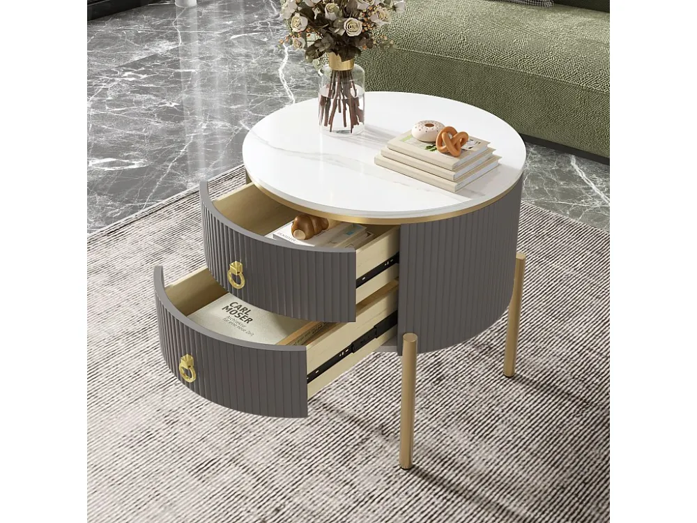 Ronde salontafel met 2 lades - 50x50x51cm - MDF hout - gouden poten en handgrepen - grijs + wit Merax
