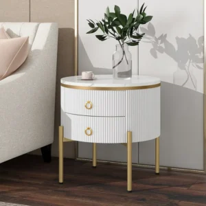Ronde salontafel met 2 lades - 50x50x51cm - MDF hout - gouden poten en handgrepen - wit Merax
