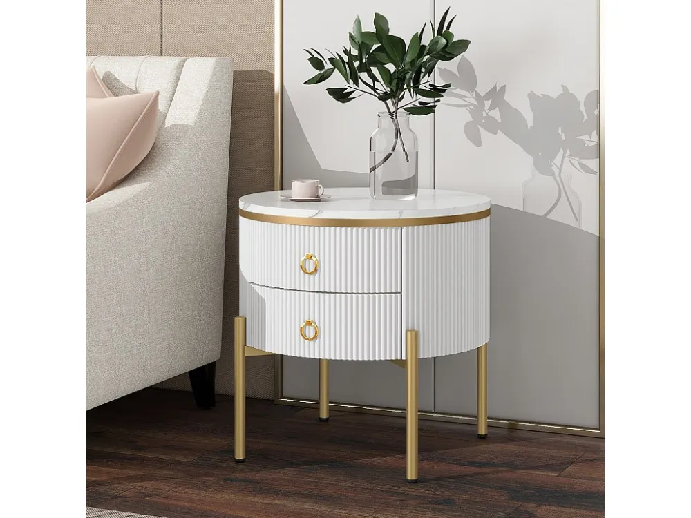 Ronde salontafel met 2 lades - 50x50x51cm - MDF hout - gouden poten en handgrepen - wit Merax