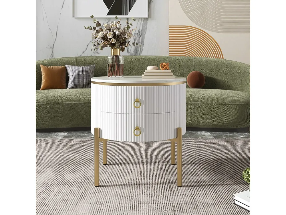 Ronde salontafel met 2 lades - 50x50x51cm - MDF hout - gouden poten en handgrepen - wit Merax