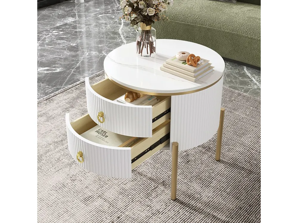 Ronde salontafel met 2 lades - 50x50x51cm - MDF hout - gouden poten en handgrepen - wit Merax