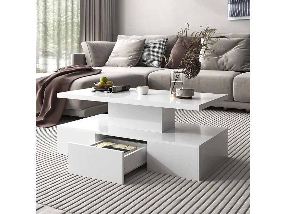 Salontafel - 1 lade en 2 planken - spaanplaat - LED's - glanzend wit Merax