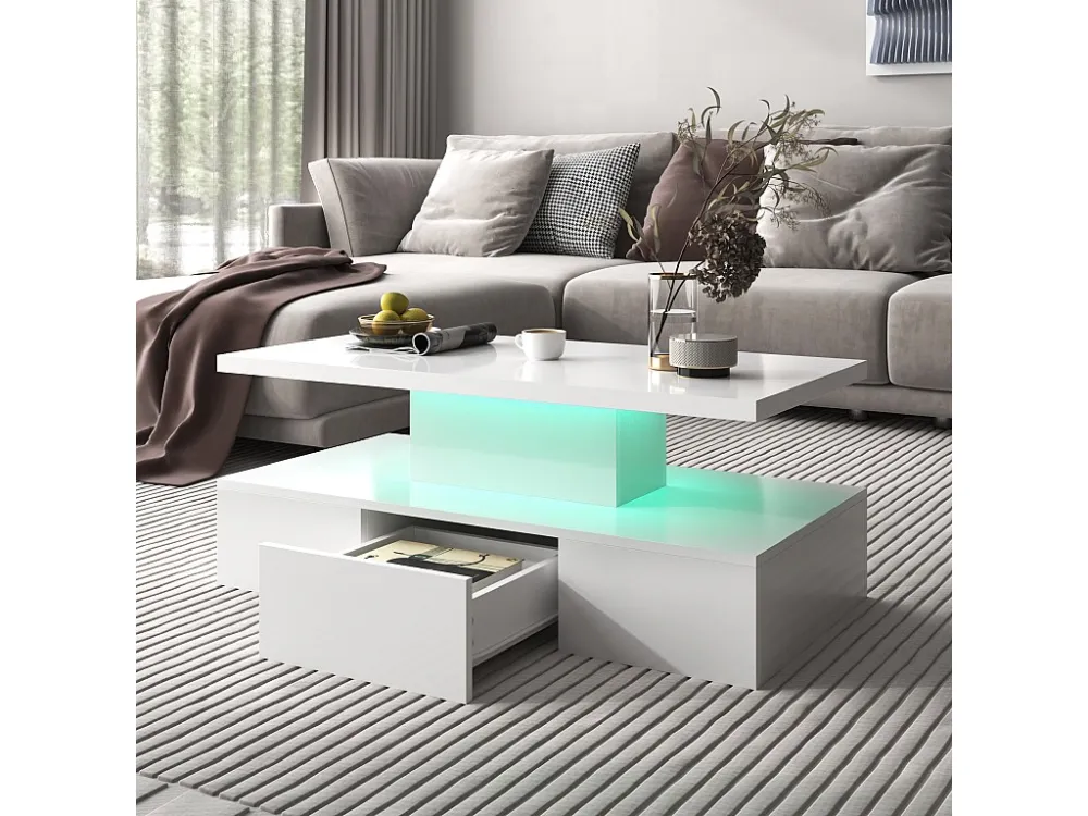 Salontafel - 1 lade en 2 planken - spaanplaat - LED's - glanzend wit Merax