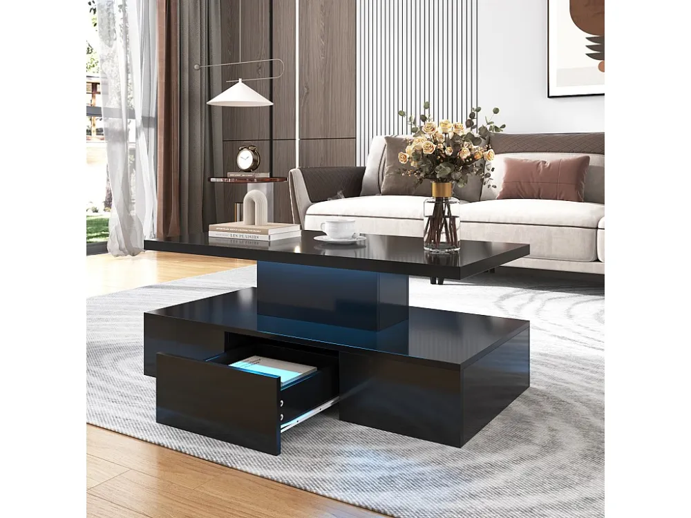 Salontafel - 1 lade en 2 planken - spaanplaat - LED's - glanzend zwart Merax