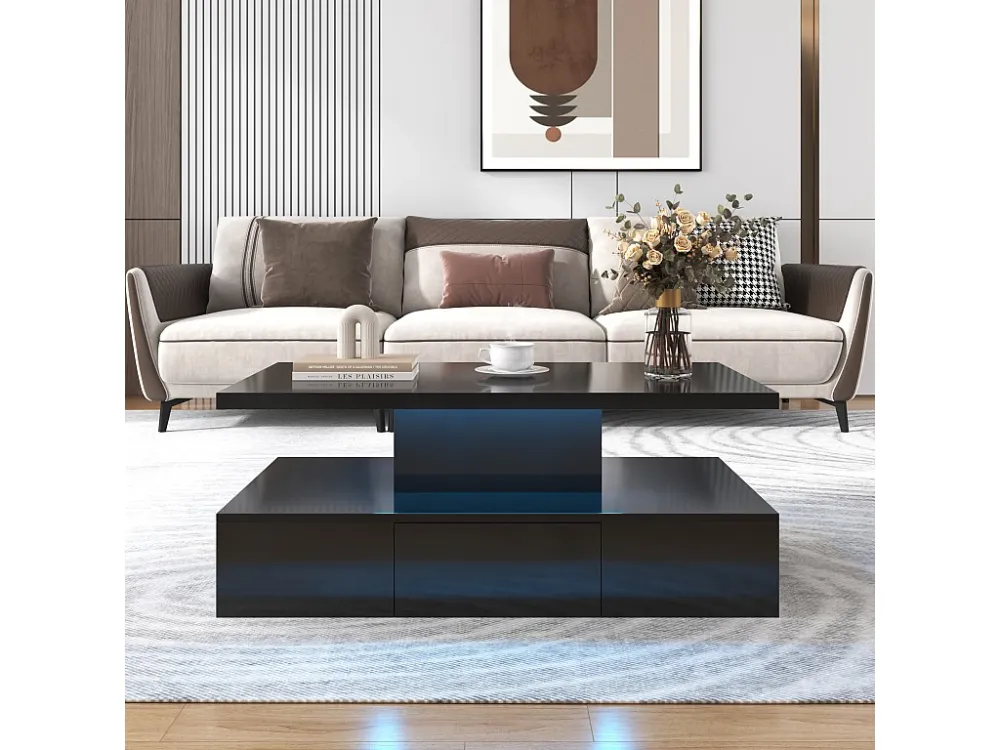 Salontafel - 1 lade en 2 planken - spaanplaat - LED's - glanzend zwart Merax