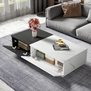 Salontafel met 2 deuren - 110 L x 50 B x 28 H cm - spaanplaat - marmerlook - wit en zwart Merax
