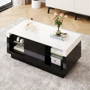 Salontafel met 2 glazen planken en een lade - 100 x 50 x 42 cm - LED's - Spaanplaat - Zwart en wit Merax