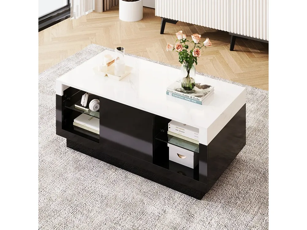 Salontafel met 2 glazen planken en een lade - 100 x 50 x 42 cm - LED's - Spaanplaat - Zwart en wit Merax