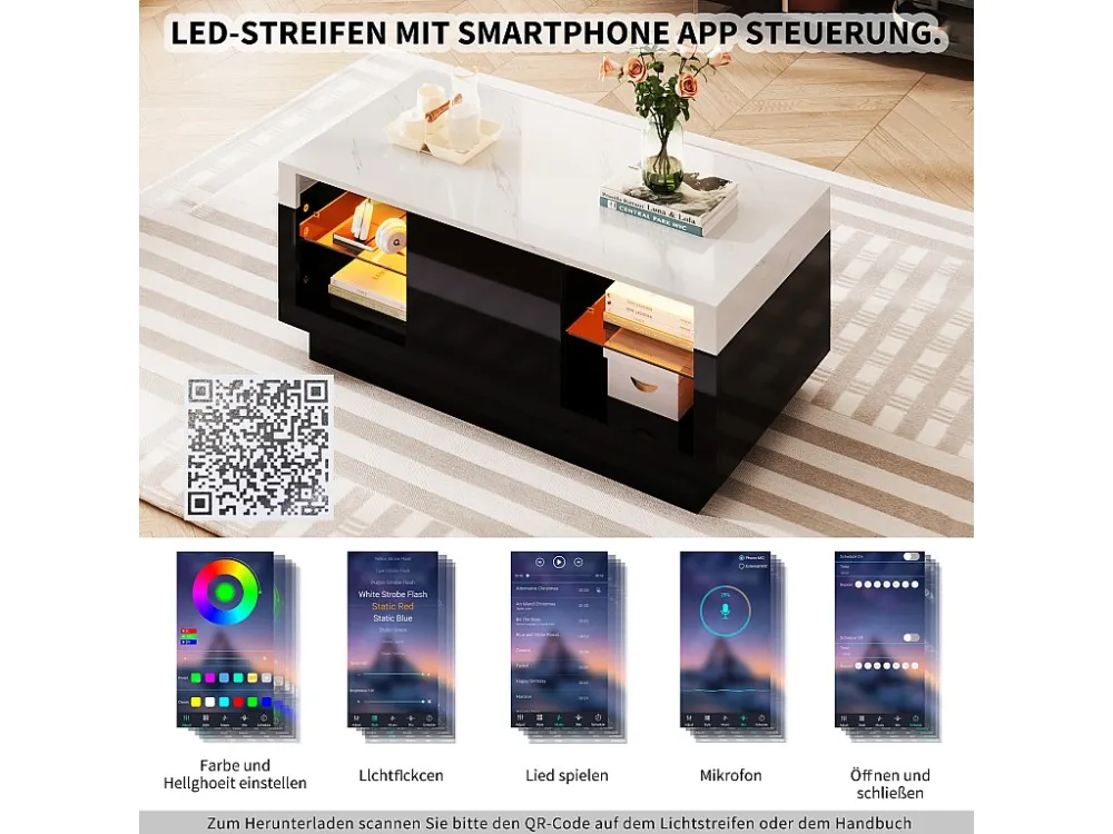 Salontafel met 2 glazen planken en een lade - 100 x 50 x 42 cm - LED's - Spaanplaat - Zwart en wit Merax